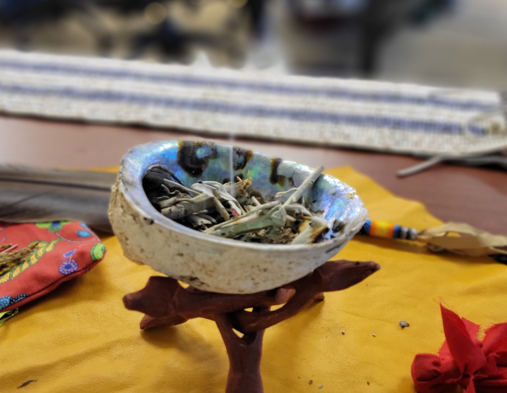 Purple and white Two Row Wampum Belt, Shell with sage.